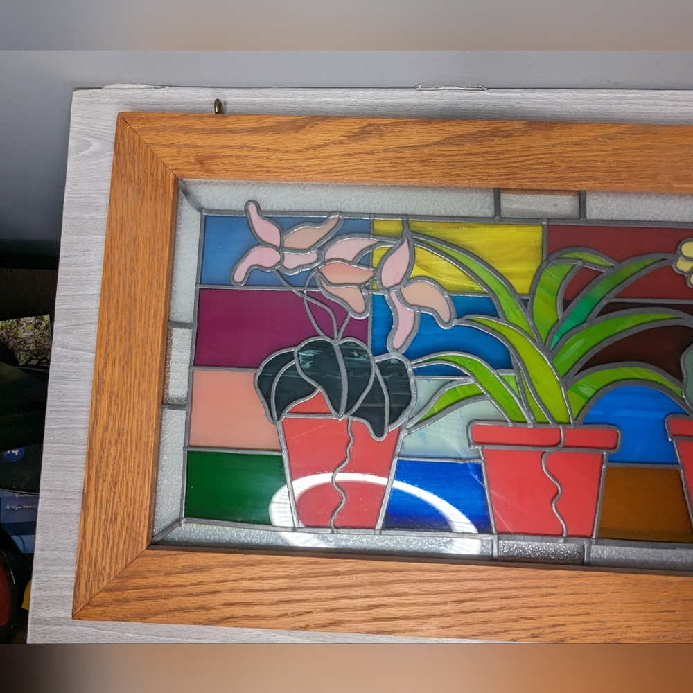 Vintage Wood Framed House Plants Large Stained Glass - Picture 7 of 14